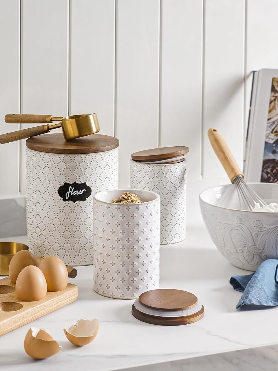 Food Storage Containers with Airtight Lids, 78/25 oz Ceramic Flour and Sugar Canisters Sets, Embossed Large Jars for Pasta, Oats, Coffee Bean, Cookies, Rice, Grains, Tea - Set of 2, Clover